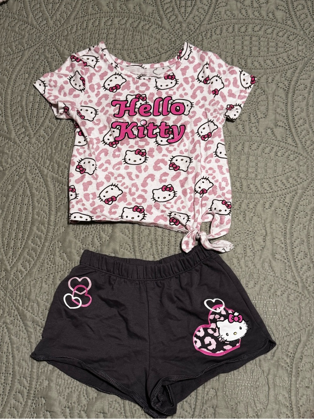 Hello Kitty Pink Leopard Tie-Hem Top & Black Shorts Set